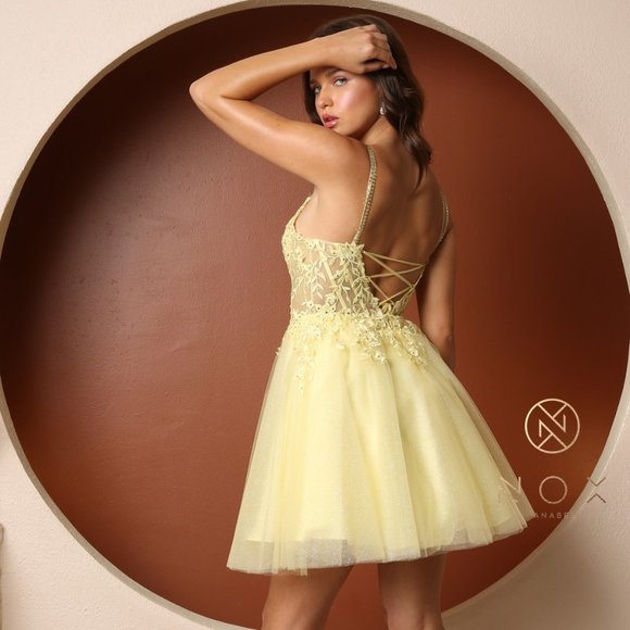 NEW LEMON OFF THE SHOULDER SLEEVELESS EMBROIDERY MINI GOWN WITH STRAPS NX T724 - Picture 4 of 8